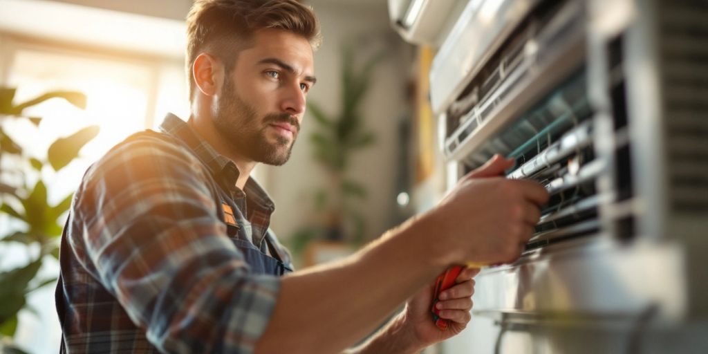 Technician repairing air conditioning unit in a home.